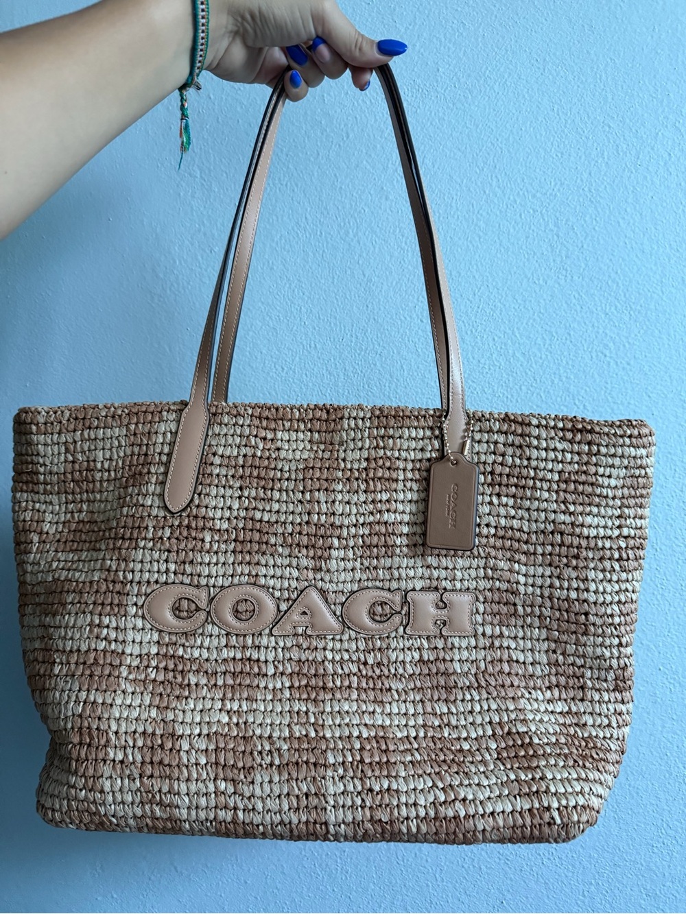 Coach Two-Tone Woven Straw Tote in Tan and Cream